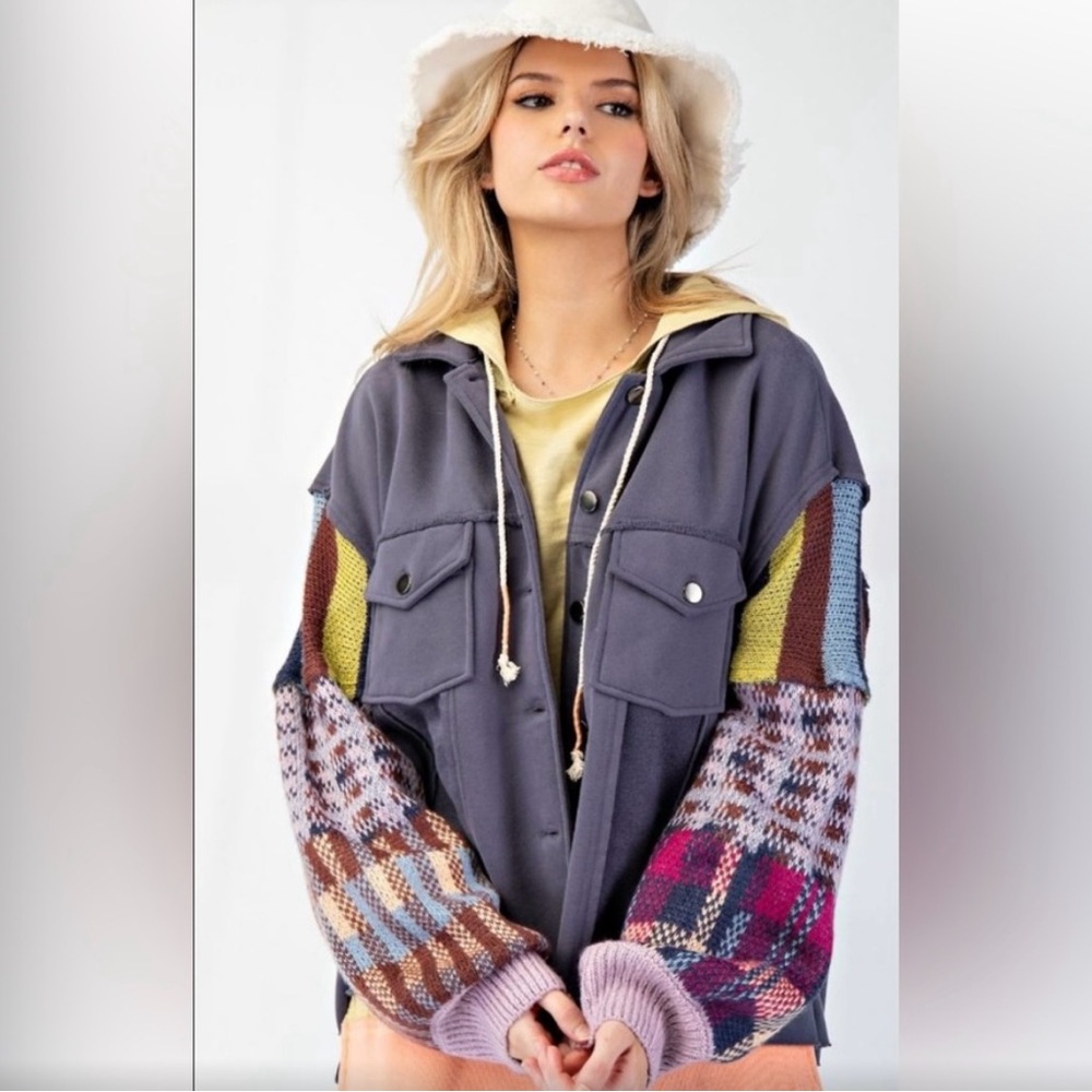 Easel Washed Fleece Knit Mix Button Down Jacket - image 3